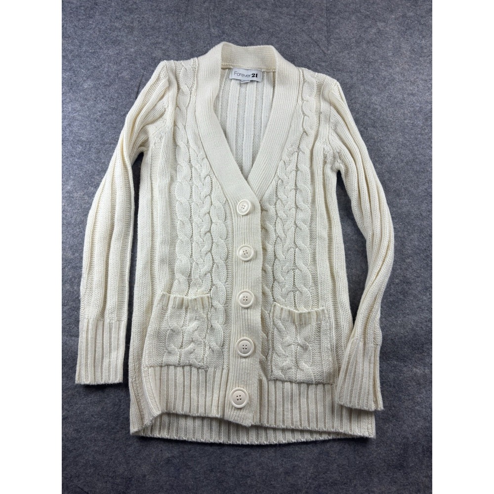 VTG Forever‎ 21 Women's L Cable Knit Cream Fisherman Sweater Cardigan Y2K SEE